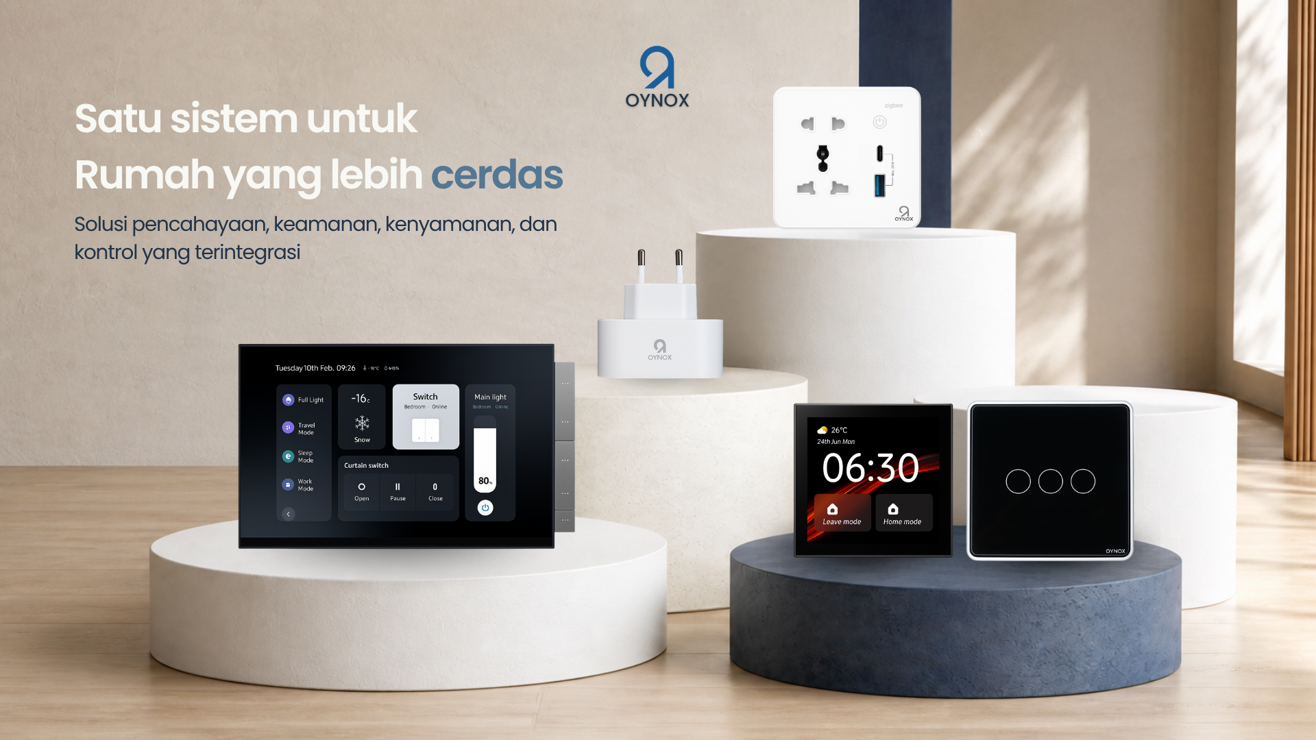 Oynox smart home system flyer featuring integrated control panels, a smart plug, and a touch switch